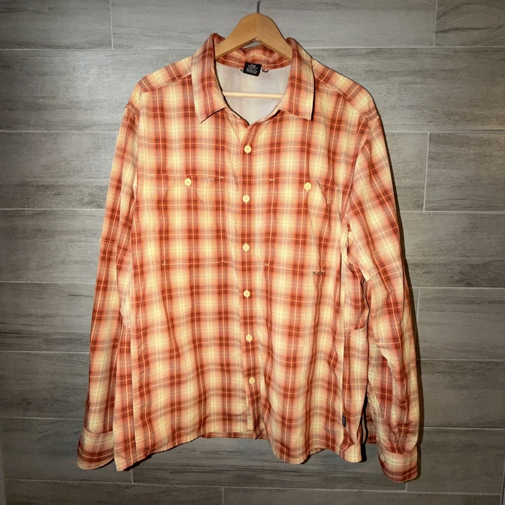 REI Co-op Orange Plaid Long Sleeve Hiking Shirt Men's Large Vented Roll Tab